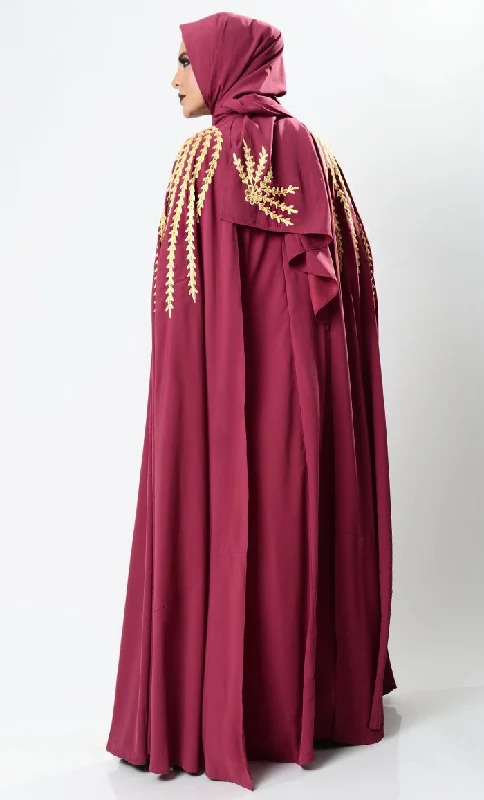 Maroon Dramatic Lavish Embroiderd Abaya