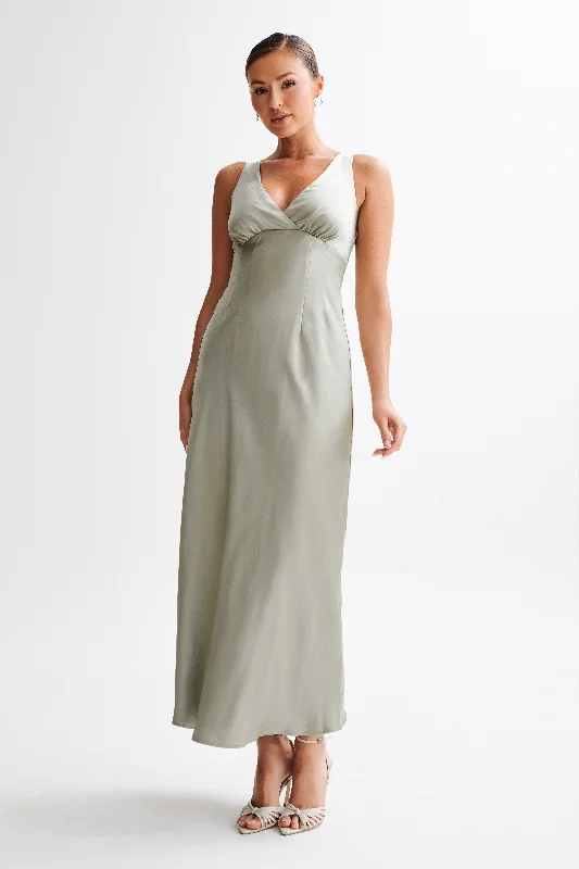 Meghan Short Sleeve Satin Maxi Dress - Sage