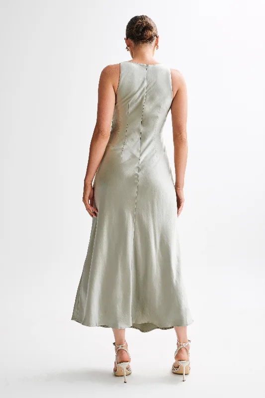 Meghan Short Sleeve Satin Maxi Dress - Sage