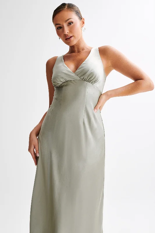 Meghan Short Sleeve Satin Maxi Dress - Sage