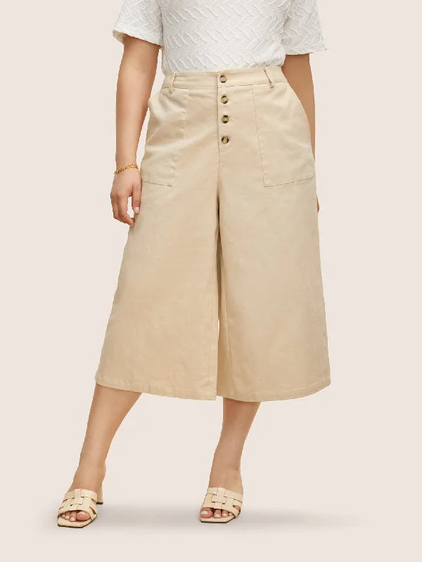 Mid Rise Button Up Elastic Waist Loose Pants