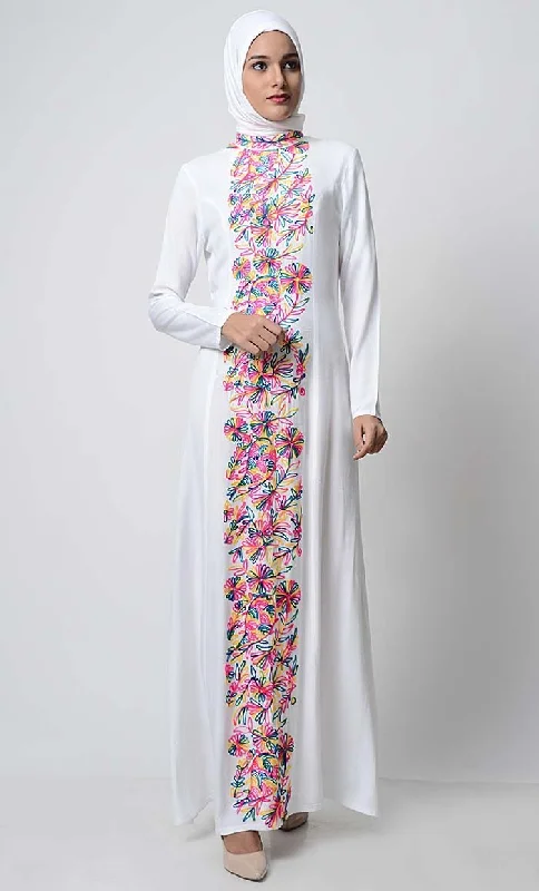 Multi-Color Thread Embroidered Abaya-White