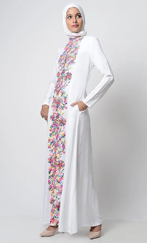 Multi-Color Thread Embroidered Abaya-White