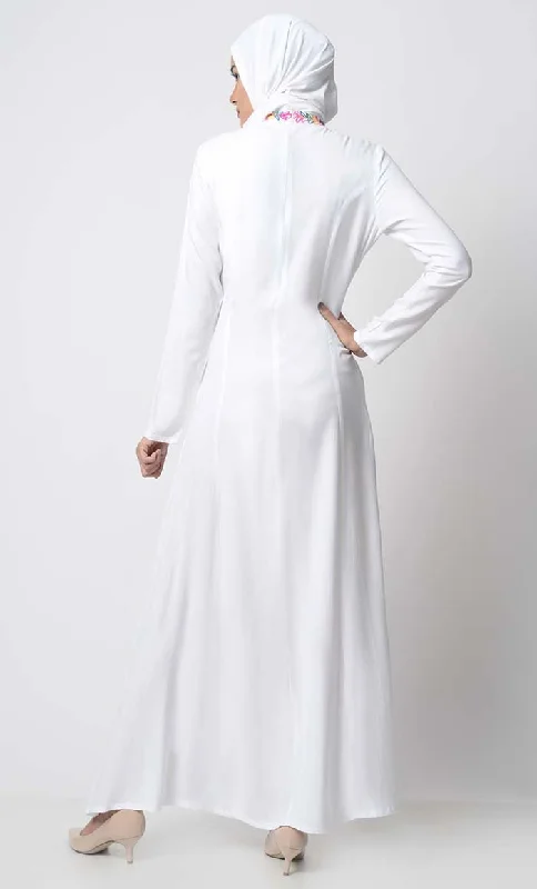 Multi-Color Thread Embroidered Abaya-White