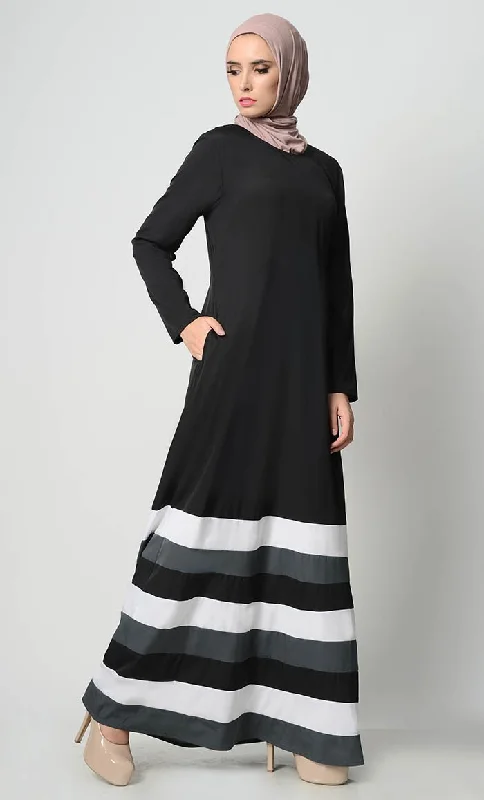 Multicolor Tier Matched Lining Abaya-Black