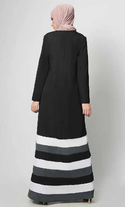 Multicolor Tier Matched Lining Abaya-Black