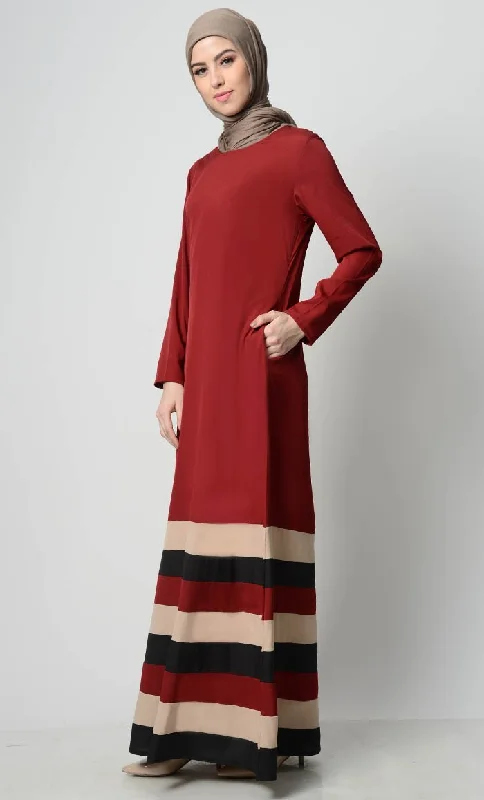 Multicolor Tier Matched  Lining Abaya-Crimson