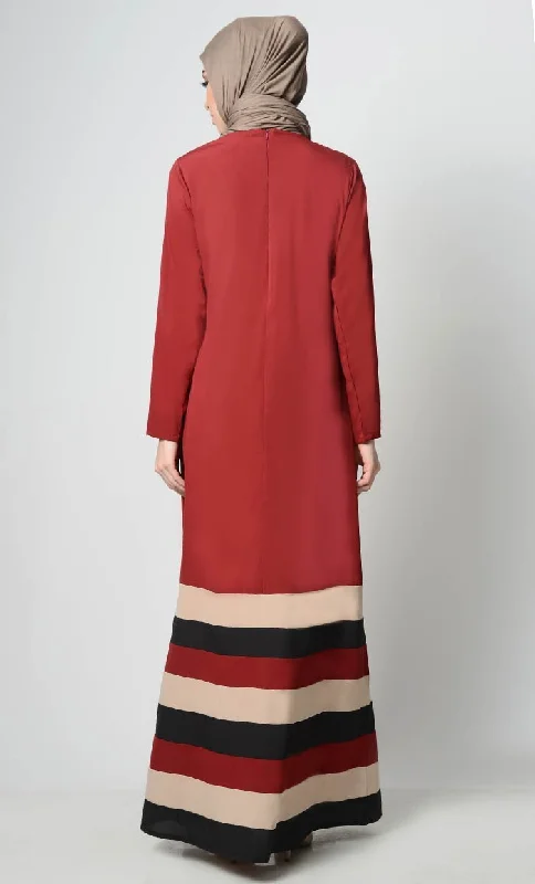 Multicolor Tier Matched  Lining Abaya-Crimson