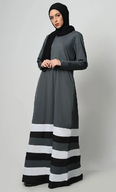 Multicolor Tier Matched Lining Abaya-Grey