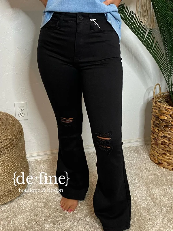 Kancan Black Flare Jeans with Distressed Knee