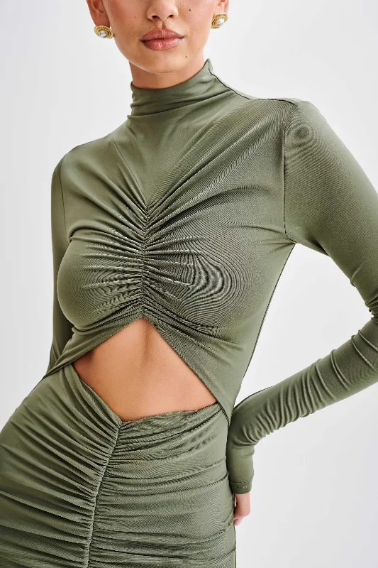 Pia Slinky Long Sleeve Cutout Maxi Dress - Military Olive