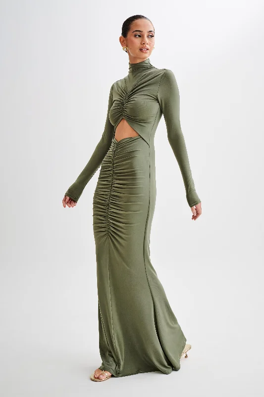 Pia Slinky Long Sleeve Cutout Maxi Dress - Military Olive