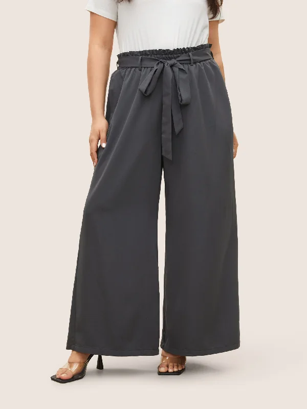 Plain Paperbag Waist Belted Wide Leg Pants