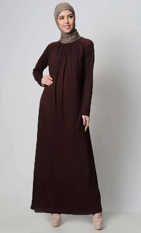 Coffee Raglan With Neck Pleats Viscose Abaya