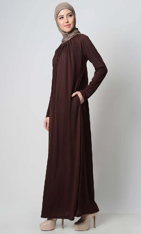 Coffee Raglan With Neck Pleats Viscose Abaya