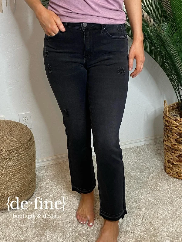 Risen Mid Rise Boyfriend Black Jeans with Raw Hem in Regular & Curvy