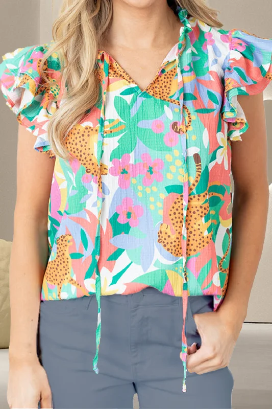 Ruffled Printed Tie Neck Cap Sleeve Blouse