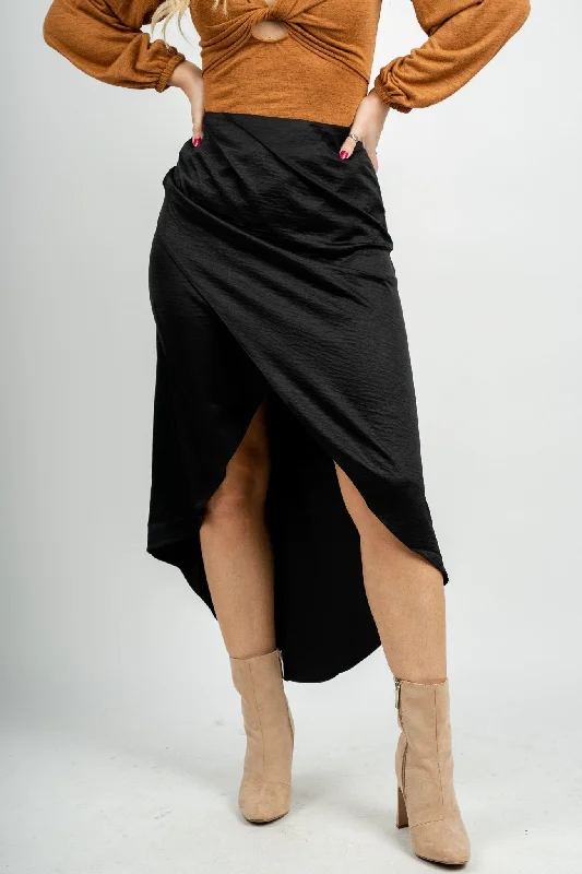 Satin Wrap Midi Skirt in Black