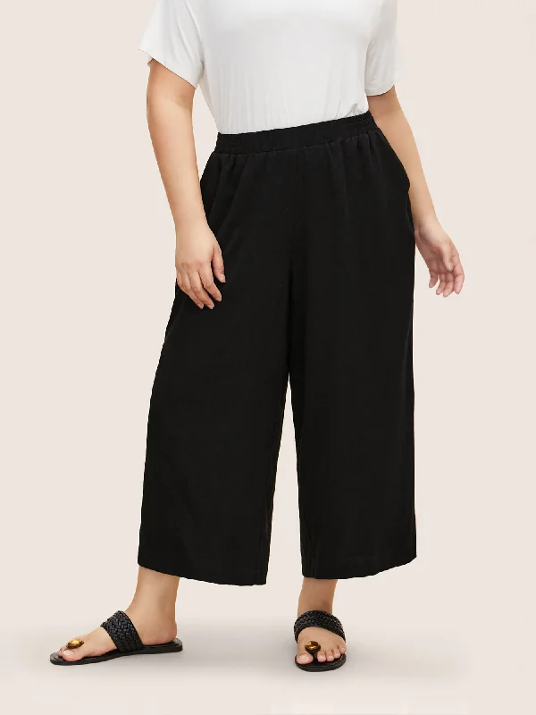 Solid Linen Blend Elastic Waist Wide Leg Pants