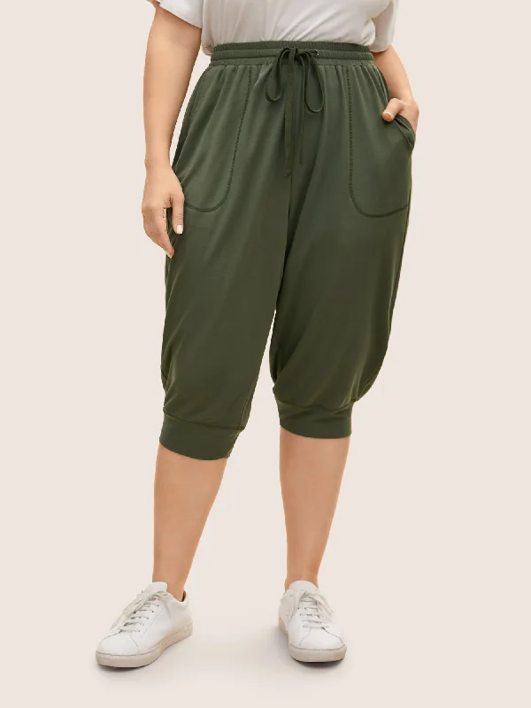 Solid Drawstring Topstitching Mid Rise Carrot Pants