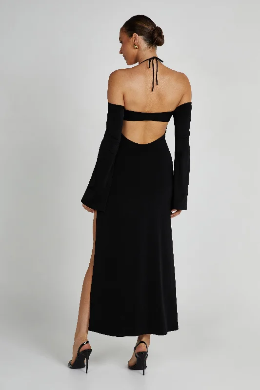 Tia Slinky Off Shoulder Maxi Dress - Black