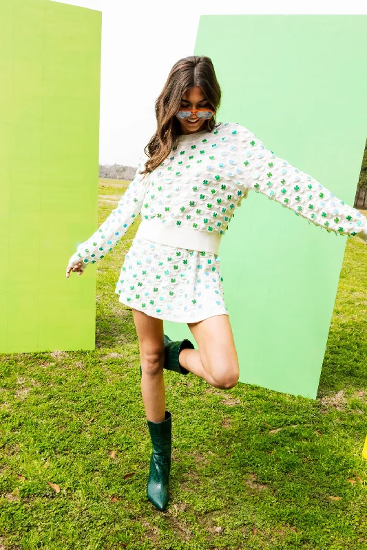 White & Green Four Leaf Clover Pailette Sweater Skirt