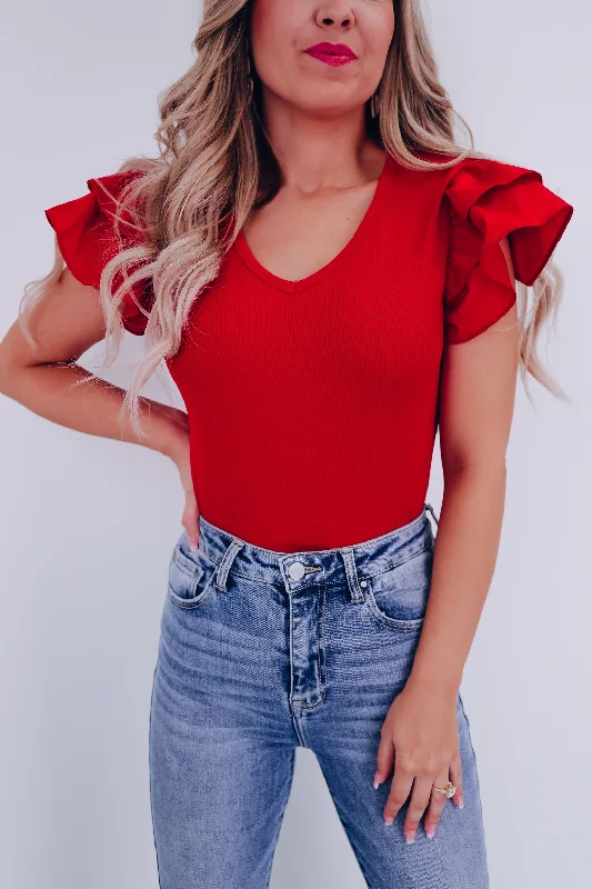 Amore Ruffle Sleeve Bodysuit - Red