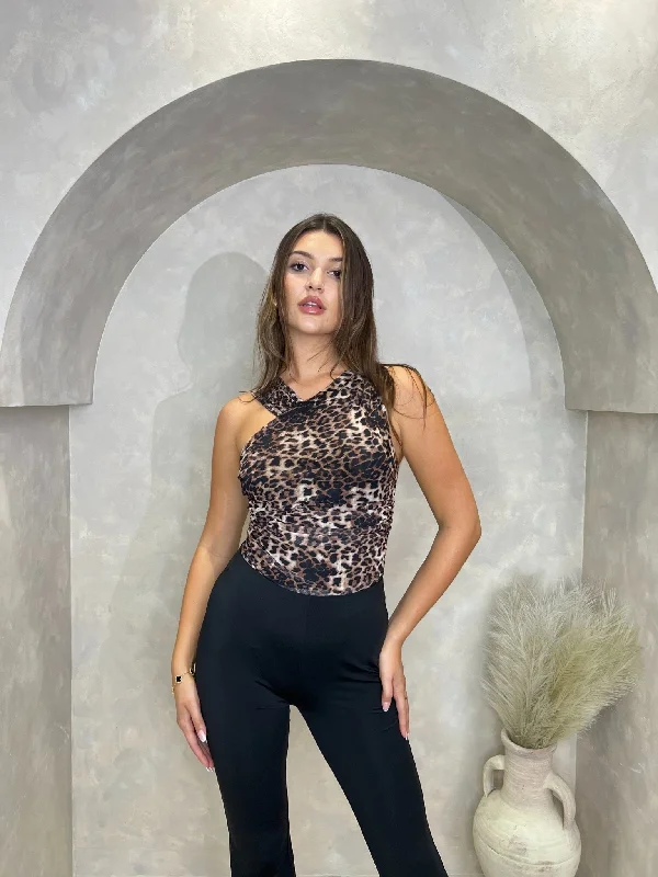 Leopard Print Asymmetrical Bodysuit