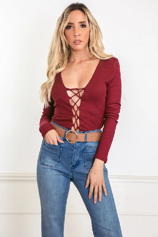 Ribbed Lace-Up Bodysuit - Burgundy