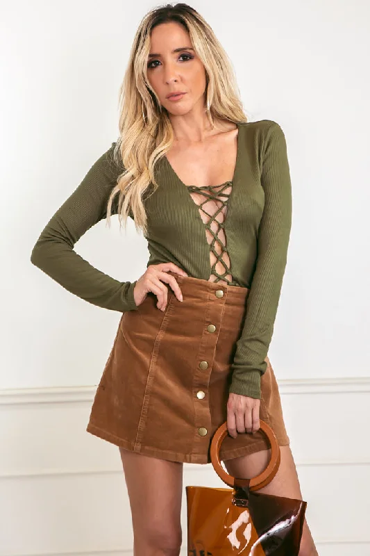 Ribbed Lace-Up Bodysuit - Olive