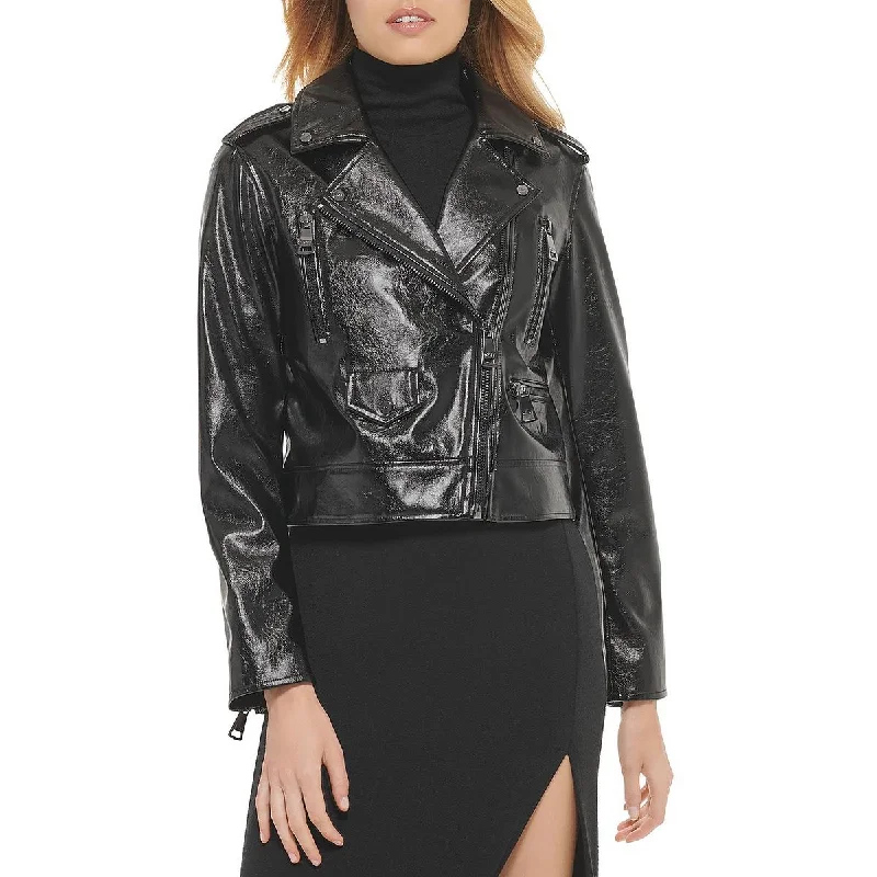 DKNY Womens Faux Leather Biker Motorcycle Jacket