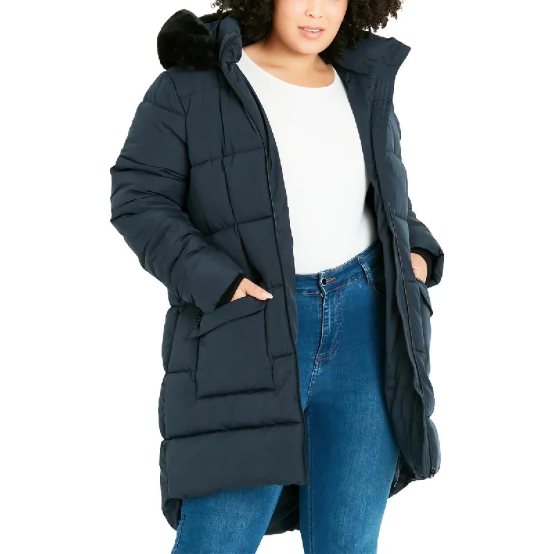 Evans Womens Faux Fur Trim Cold Weather Quilted Coat