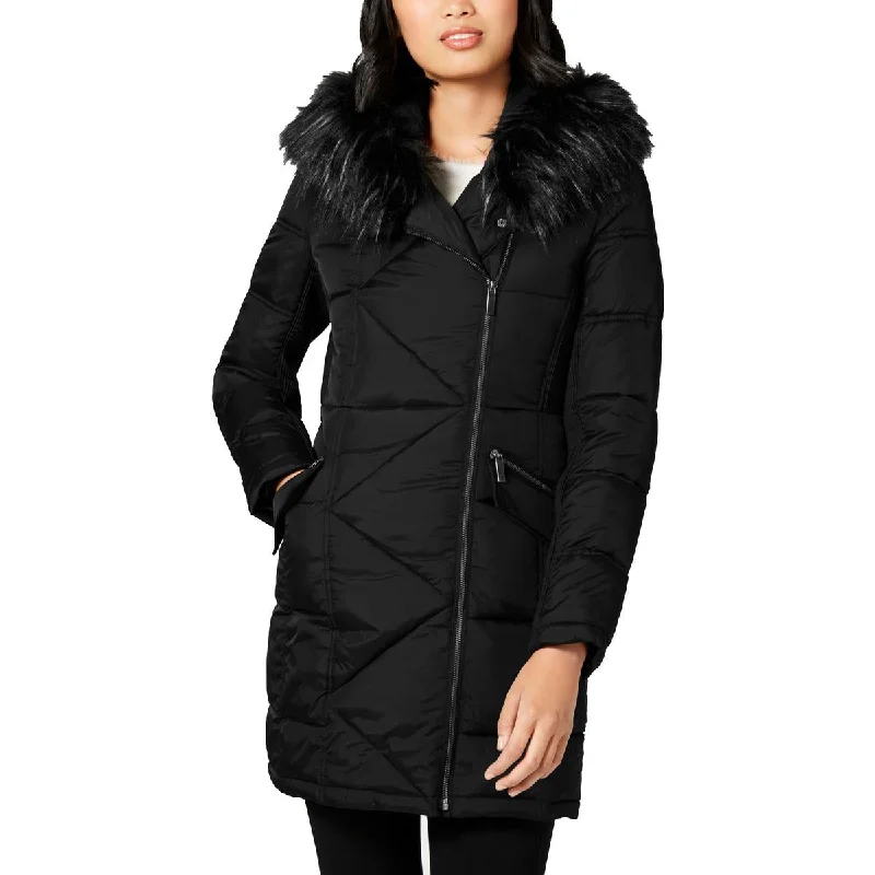 French Connection Women's Asymmetrical Faux Fur Trim Oversized Puffer Coat