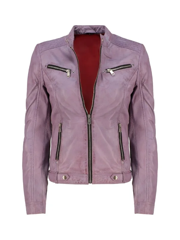 Ladies Stylish Biker Lavender Real Leather Jacket