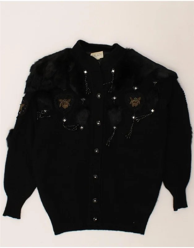 VINTAGE Womens Knit Bomber Jacket UK 16 Large Black Angora