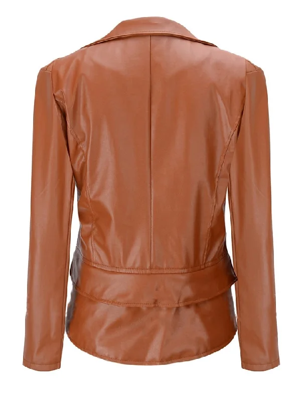 Women’s Chic Lapel Zipper Up Slim Fit Brown Leather Jacket