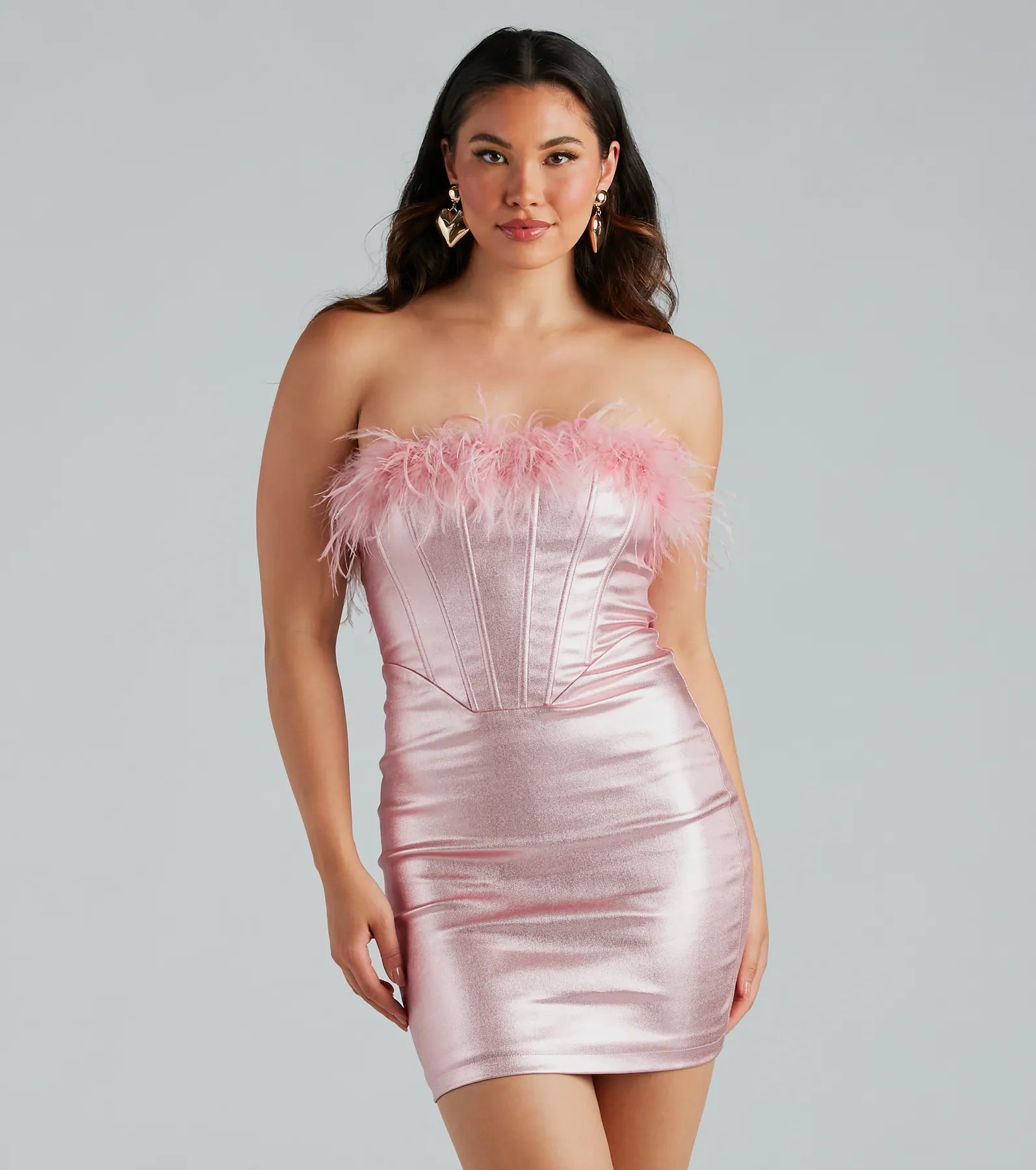 Ally Metallic Marbaou Feather Mini Dress Trendy Mesh Mini Dress