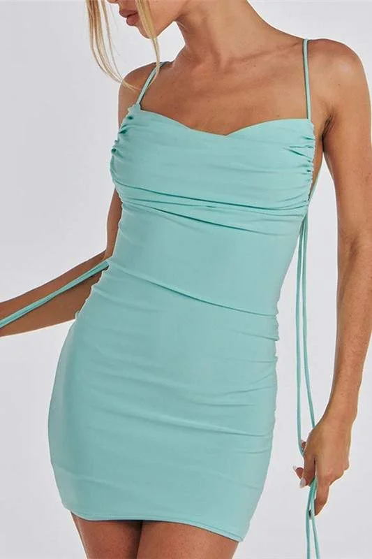 BACKLESS RUCHED MINI DRESS Trendy Tulle Mini Dress