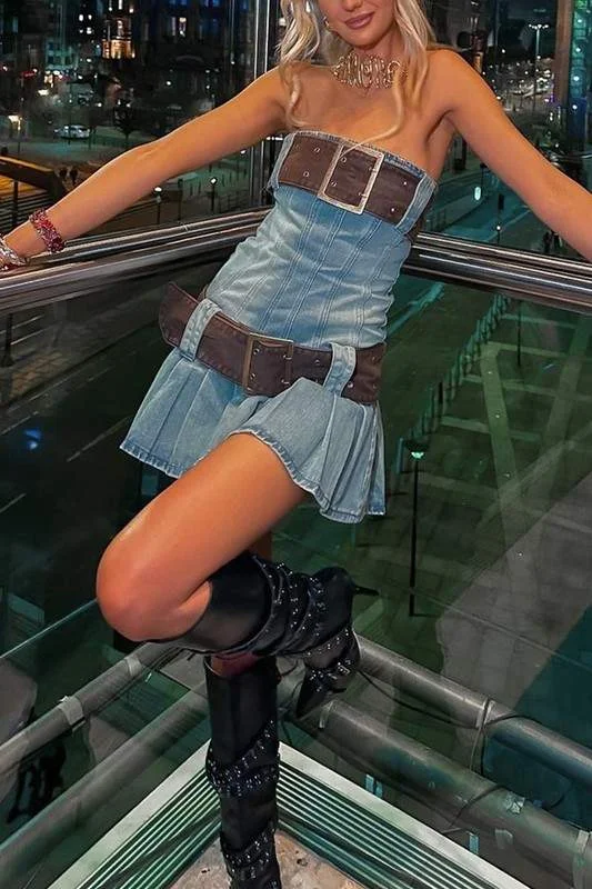 BELTED DENIM MINI DRESS Elegant Mini Dress with Ruffles
