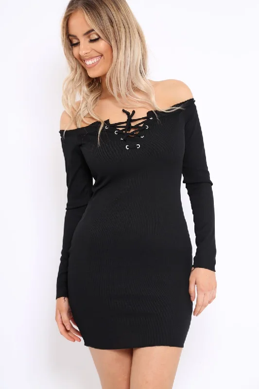 Black Ribbed Lace Up Front Mini Dress - Gracey Trendy Crossover Mini Dress