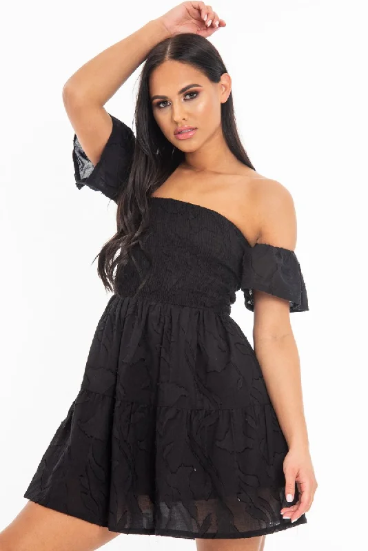 Black Shirred Bardot Tiered Textured Mini Dress - Emma Comfortable Polka Dot Mini Dress