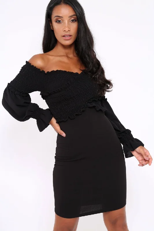 Black Shirred Wrap Over Bardot Mini Dress - Natasha Chic Mini Dress with V-Neck