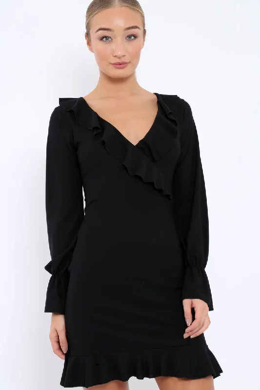 Black Wrap Mini Dress with Frills - Maleigh Fashionable Summer Mini Dress
