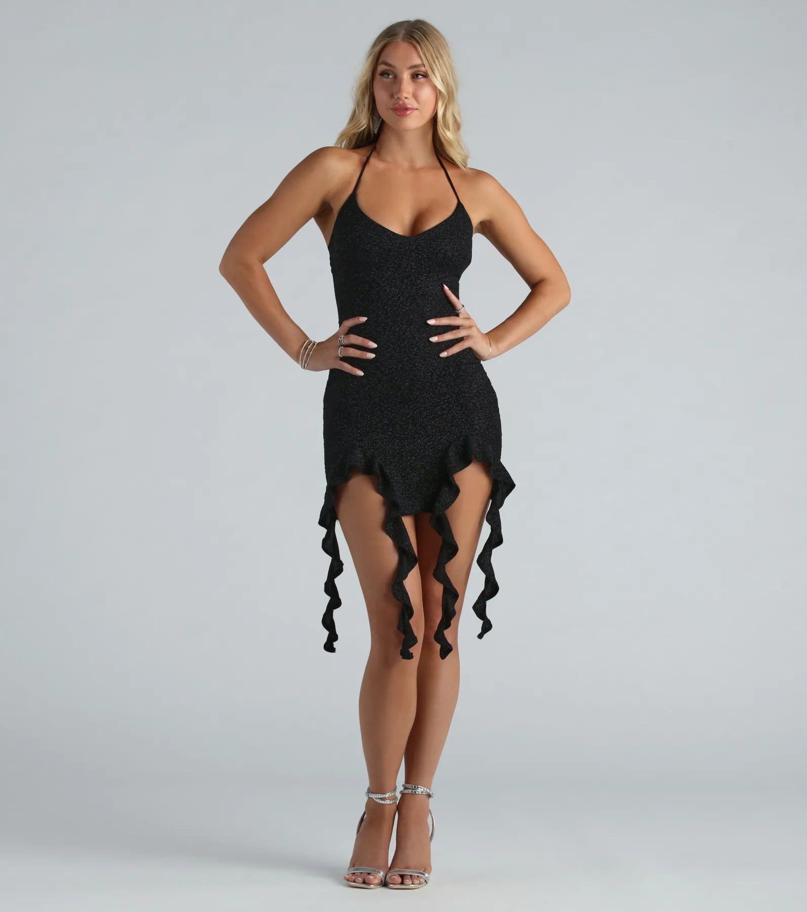 Bring The Sparks Glitter Halter Ruffle Mini Dress Cozy Sweater Mini Dress
