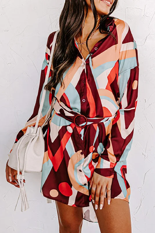 Brown Abstract Print Belted High Waist Button-up Mini Dress Trendy Tie-Dye Mini Dress