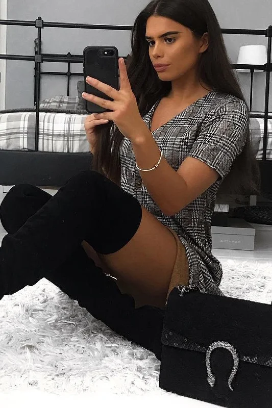 Brown Houndstooth Button Front Mini Dress - Heylee Comfortable Fit-and-Flare Mini Dress