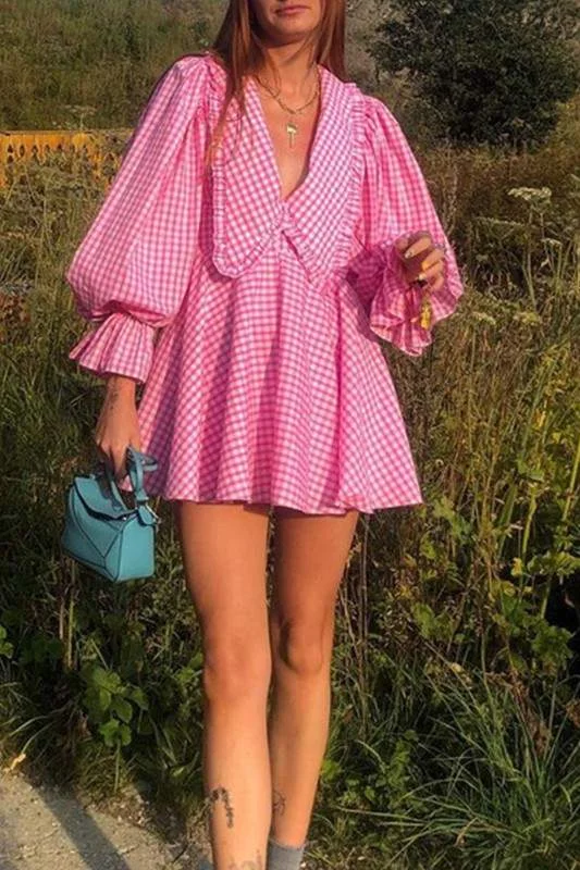 CHECKED COLLARED MINI DRESS Chic Puff Sleeve Mini Dress