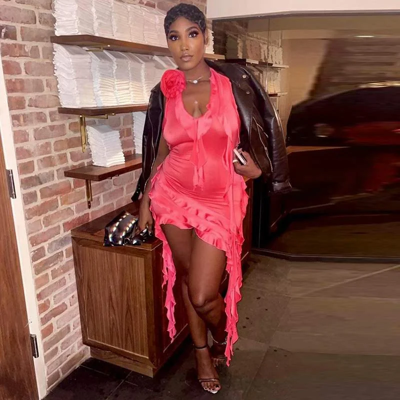 CLOTHING SPRING NEW RUFFLED NECKLINE IRREGULAR HEM SOLID COLOR BODYCON MINI DRESS Trendy Mesh Mini Dress