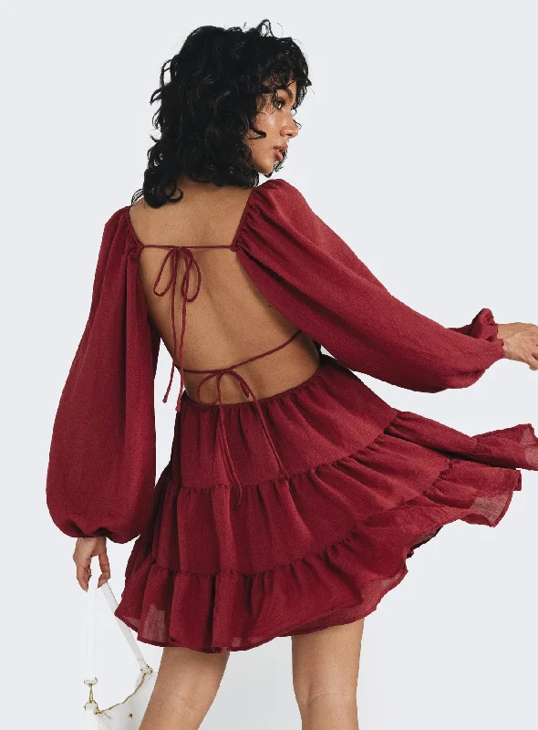 Danny Long Sleeve Mini Dress Burgundy Elegant Vintage Mini Dress