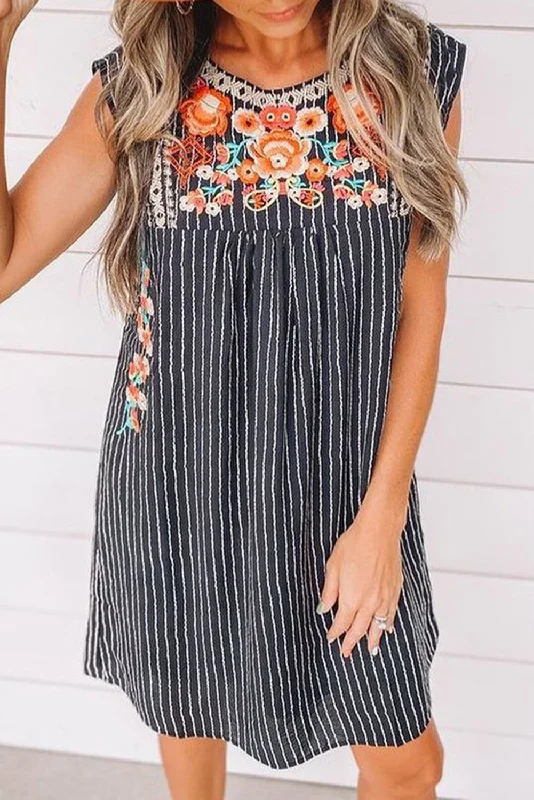 Embroidered Striped Print Sleeveless Mini Dress Comfortable One-Shoulder Mini Dress